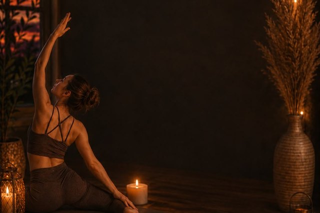 A yoga stretch by candlelight beside a crystal singing bowl and lotus